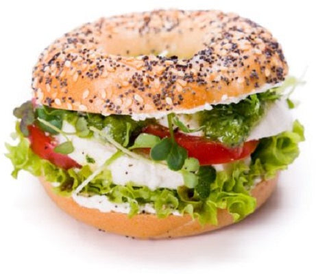 2 Bagels with Burrata, Tomato Beef Heart, Organic Green Salad and Creamy Pesto Sauce