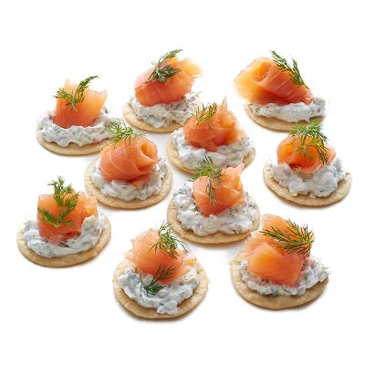 10 Smoked Salmon on Mini Blinis with Cucumber, Tzatziki Yogurt Sauce