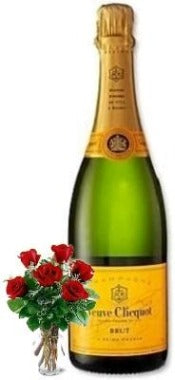 Veuve Clicquot Ponsardin Champagne with 6 Red or Yellow Roses